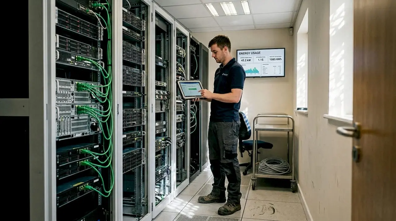 Technician monitors servers using renewable energy
