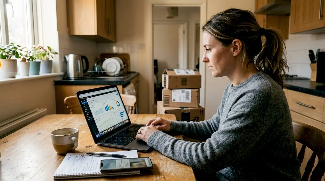 Woman analyzing ecommerce SEO analytics at kitchen table