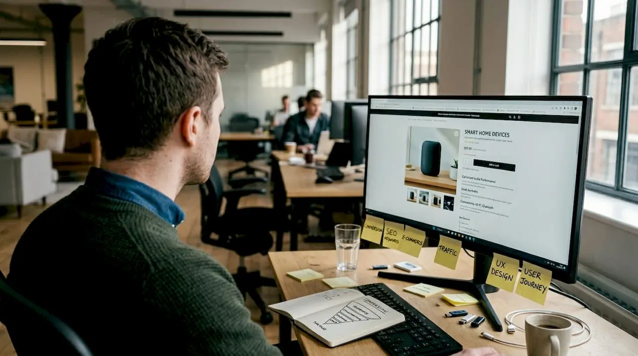 Man optimizing ecommerce product page at desk