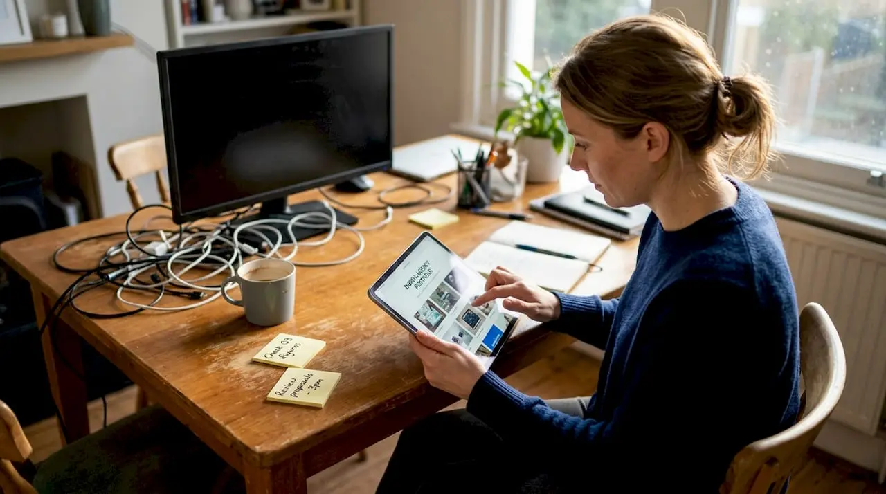 Business owner reviews agency work on tablet