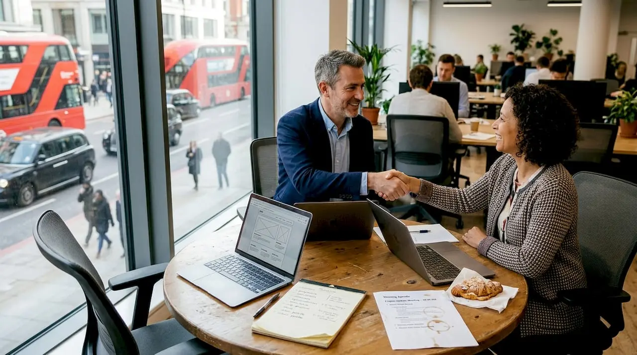 Client and web agency handshake in meeting