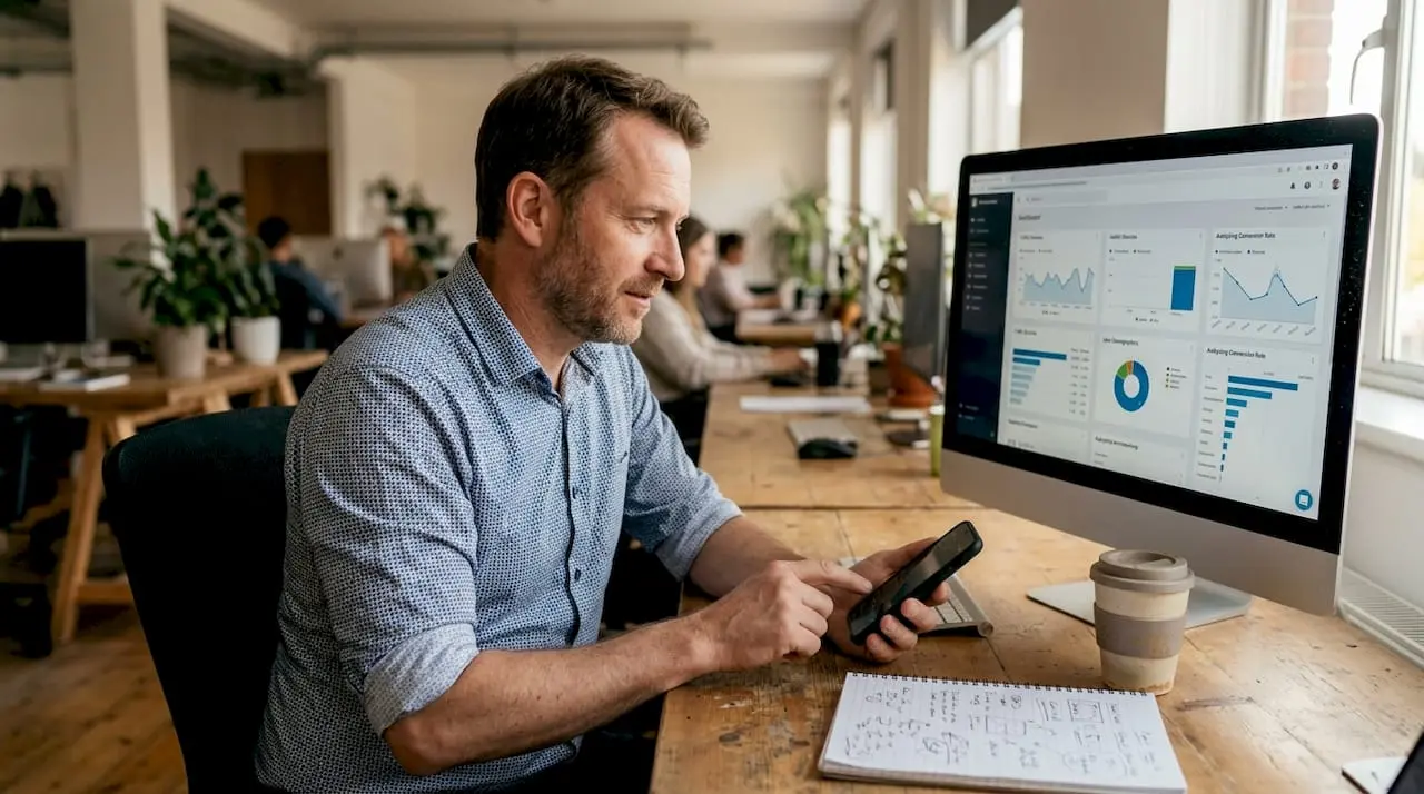 Man using smartphone beside analytics screen