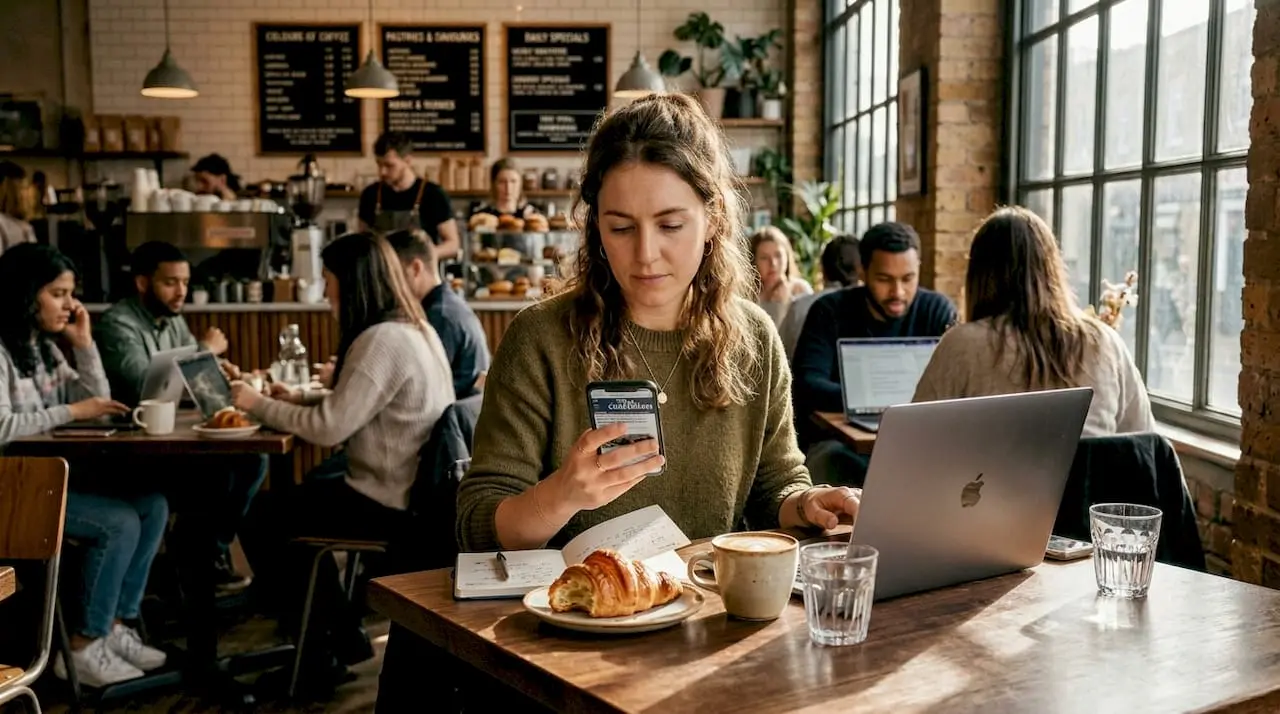 Person browsing on mobile in urban café