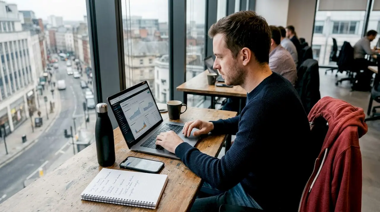 Startup founder reviewing SEO data in office workspace