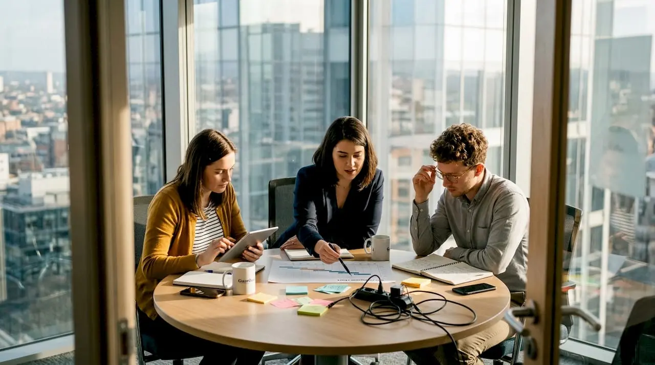 Startup team discussing SEO progress in meeting