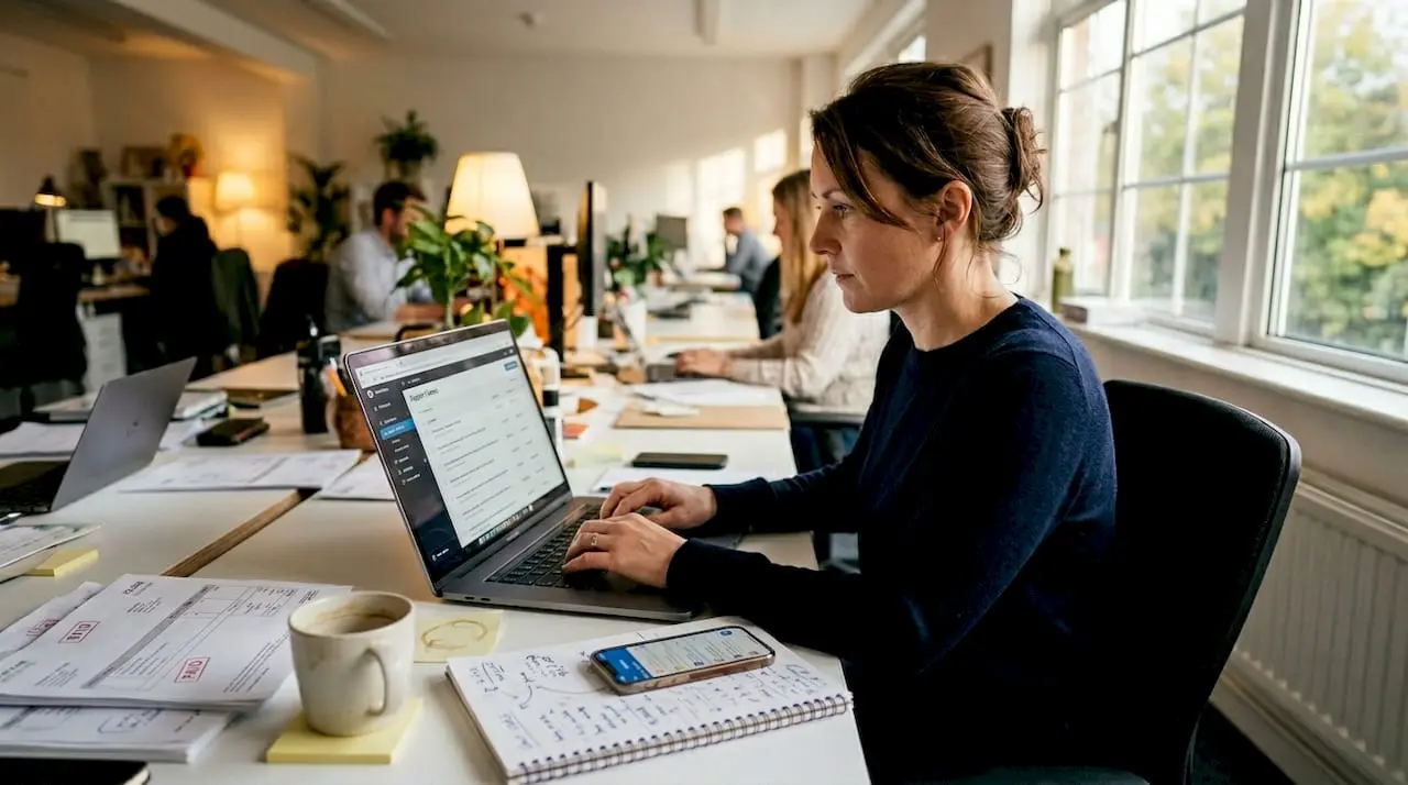 Small business owner using web support tools