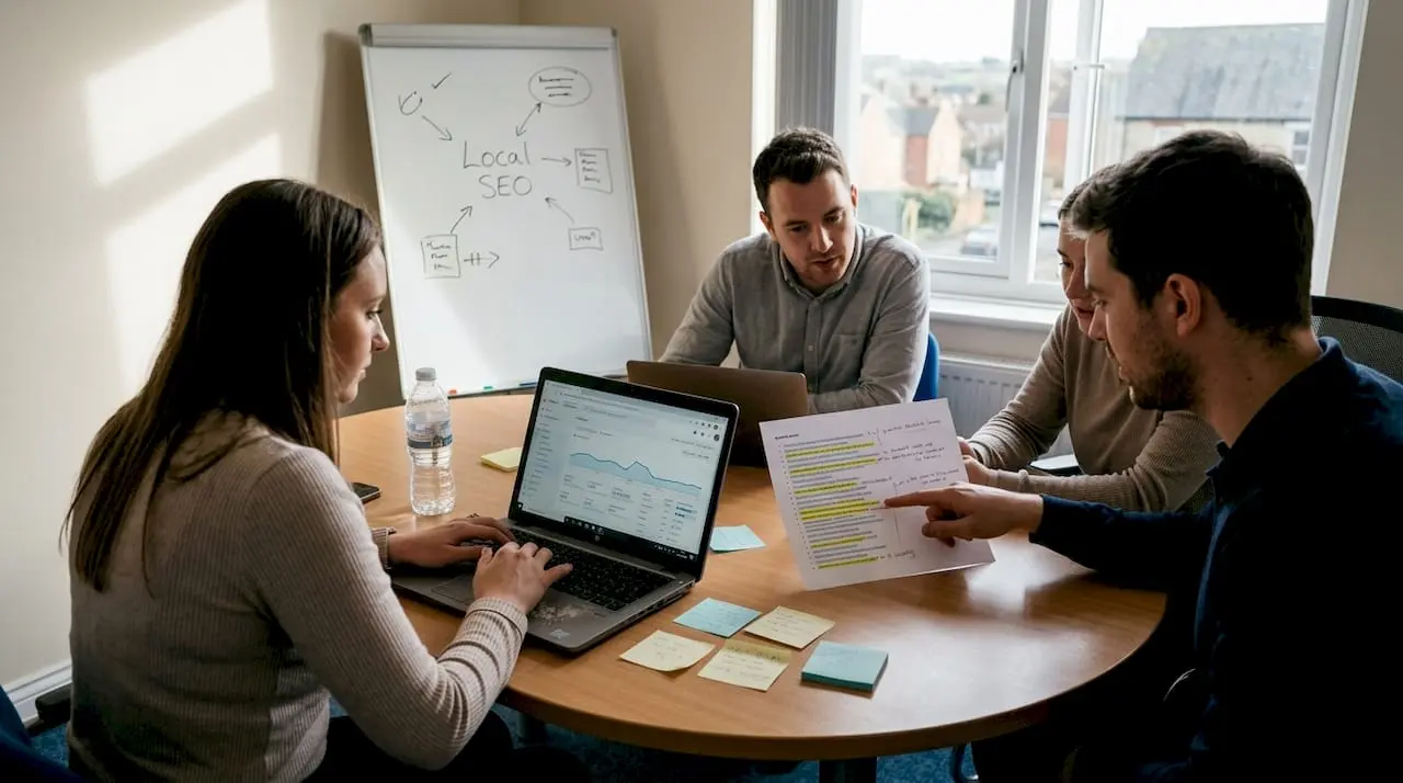SEO team brainstorming around meeting table