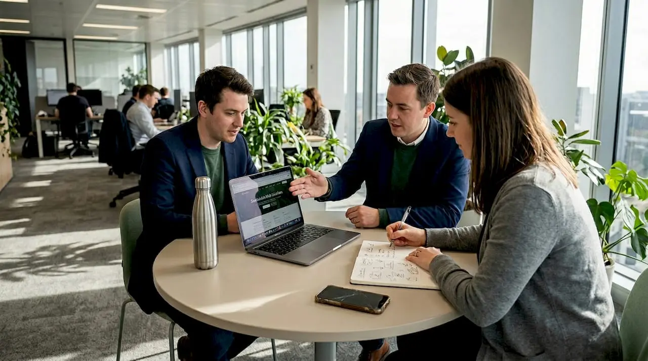 Colleagues discussing sustainable web solutions
