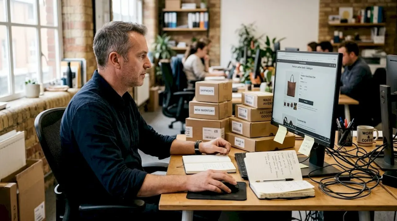 Man reviewing ecommerce product page workspace