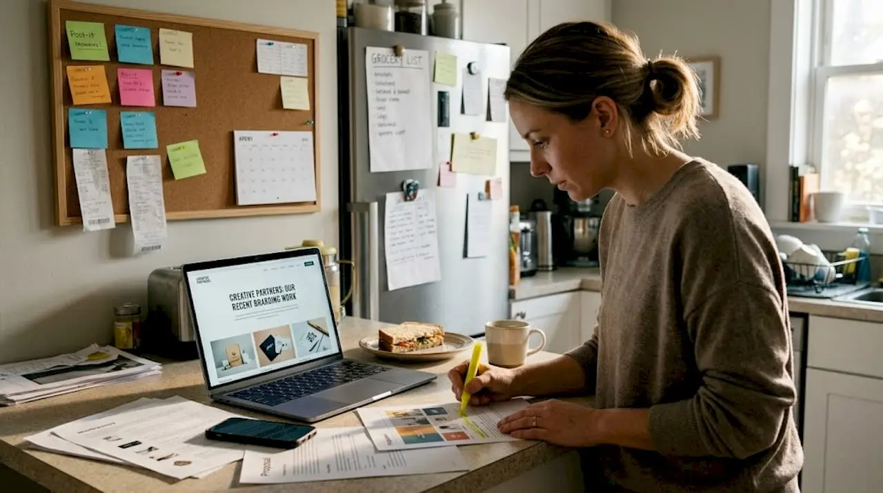 Reviewing branding agency portfolio at kitchen counter