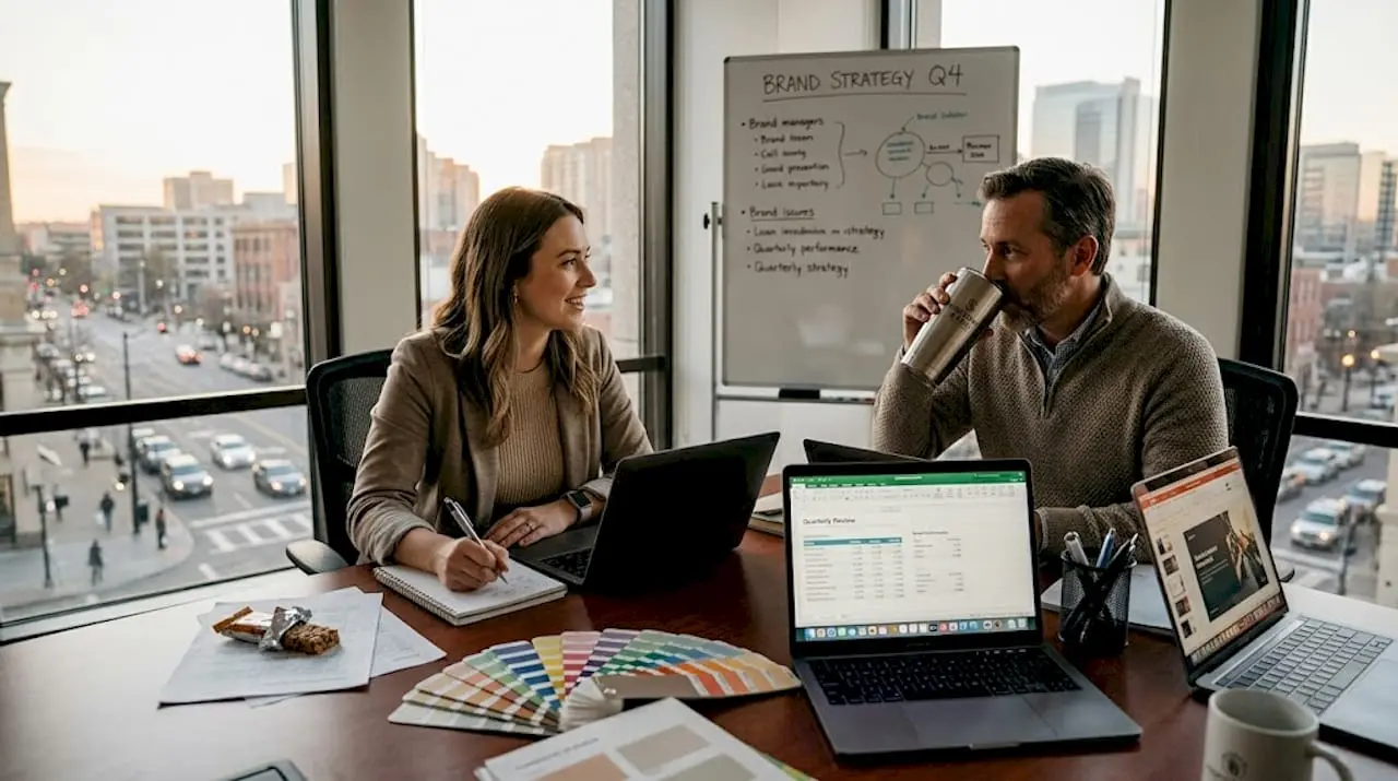 Brand managers discussing around conference table