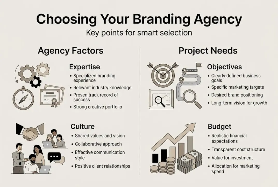 Infographic illustrating key branding agency selection points