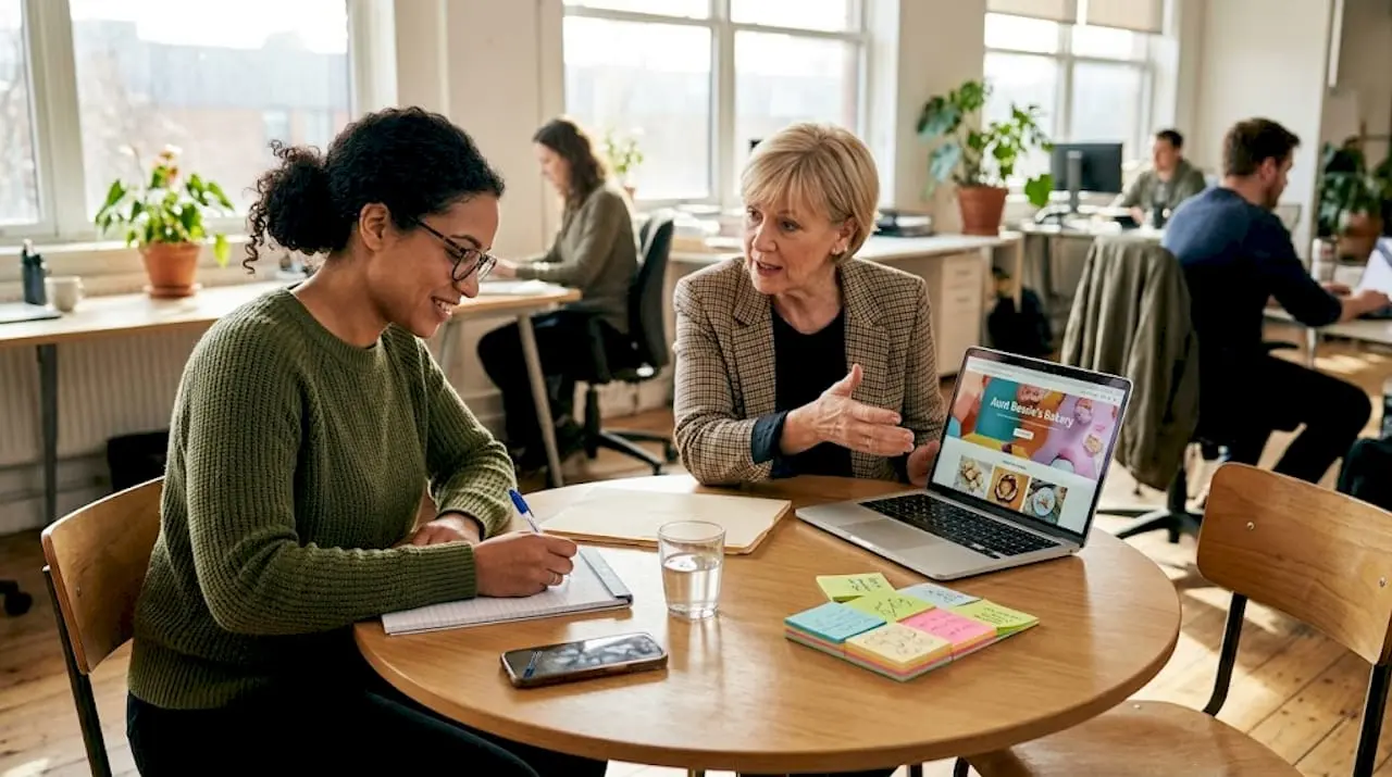 Web designer and client discussing project at table