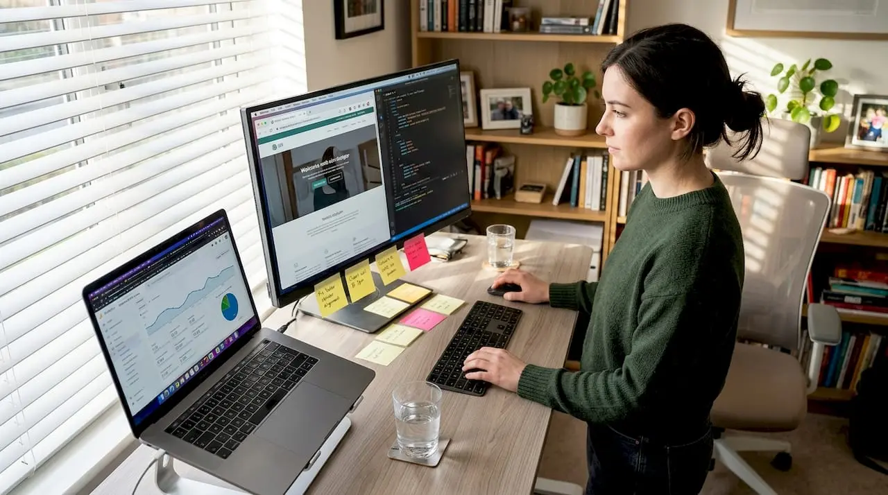 Web designer editing website in home office