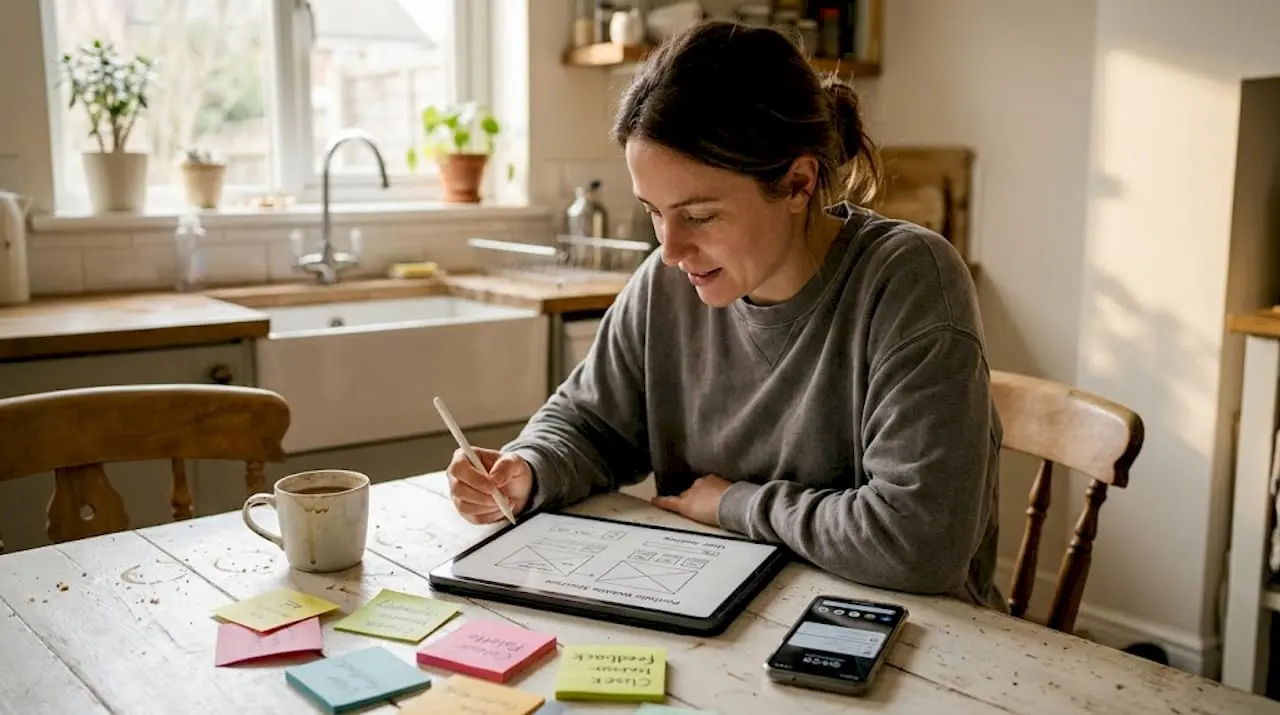 Designer reviewing minimalist website wireframe