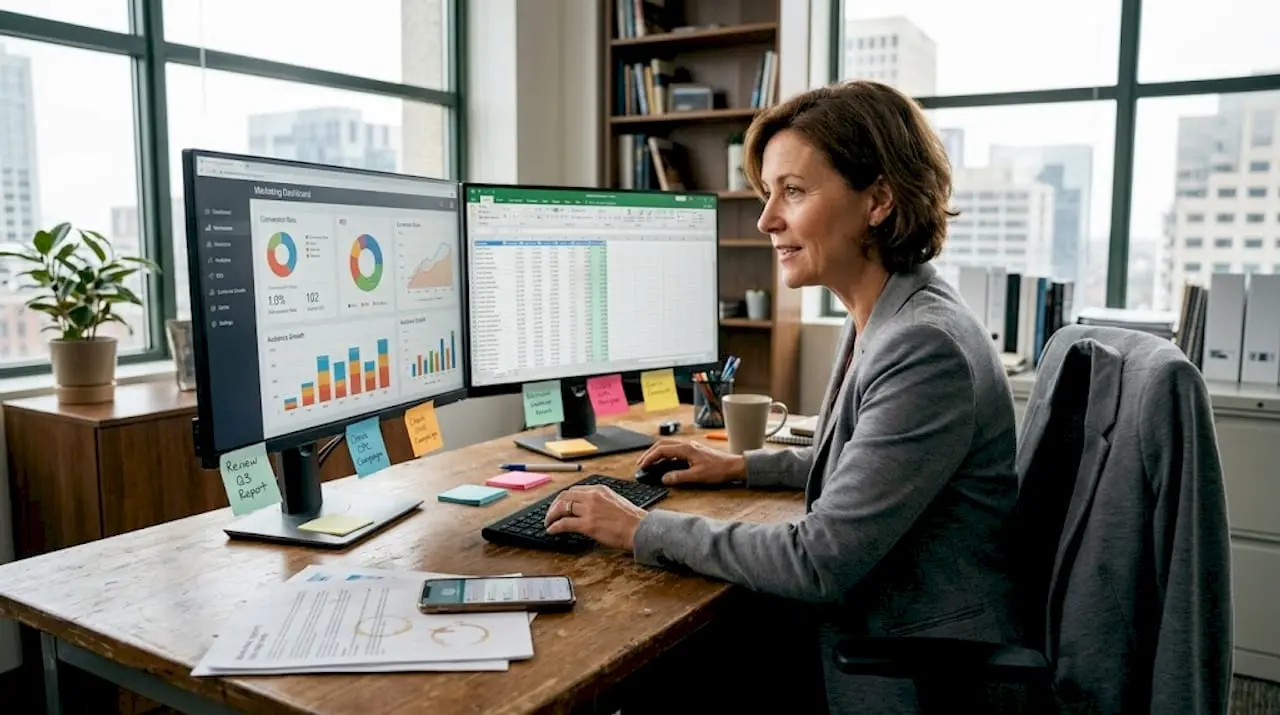 Marketer reviewing campaign data in corner office