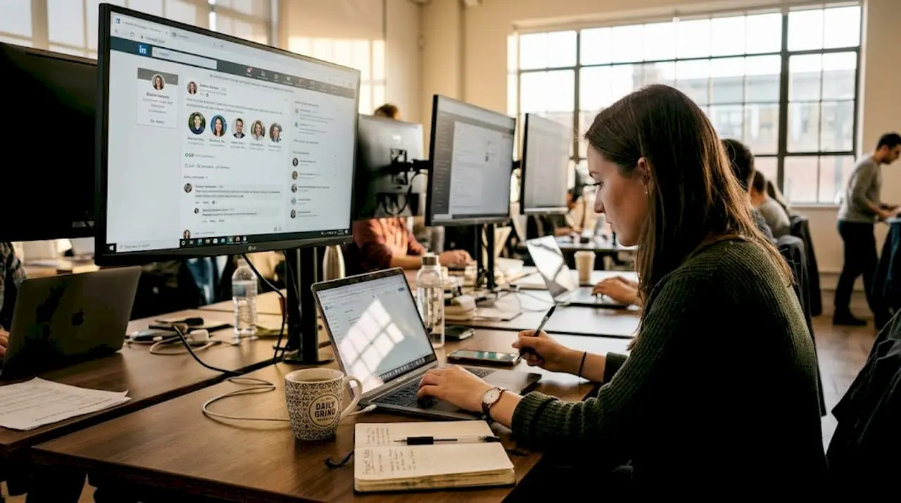 Professional checking LinkedIn in coworking space