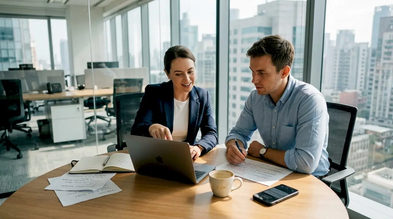 Marketers reviewing campaign in glass office