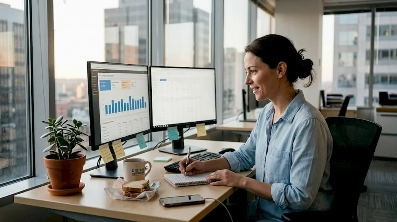 PPC manager analyzing ad campaign at desk