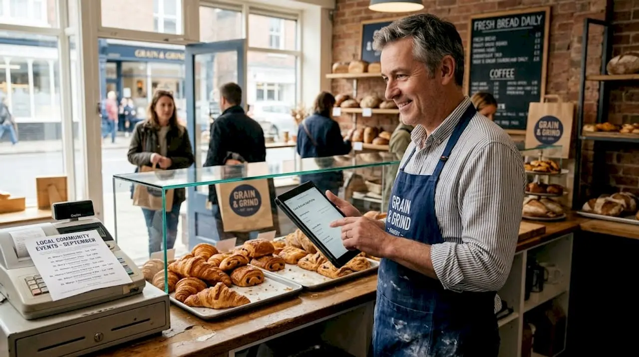 Bakery owner updating digital profile with tablet