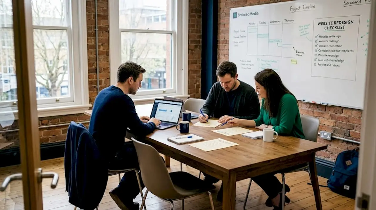 Team working on website design checklist