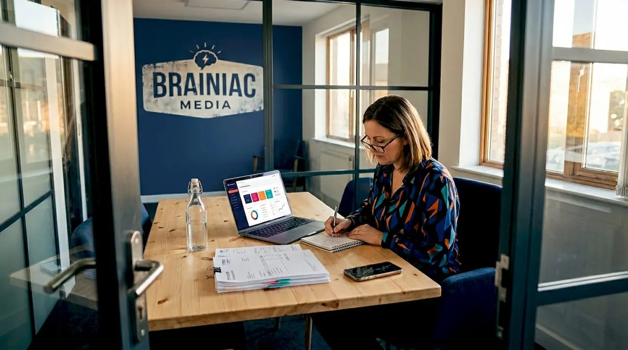 Small business owner reviewing digital plans