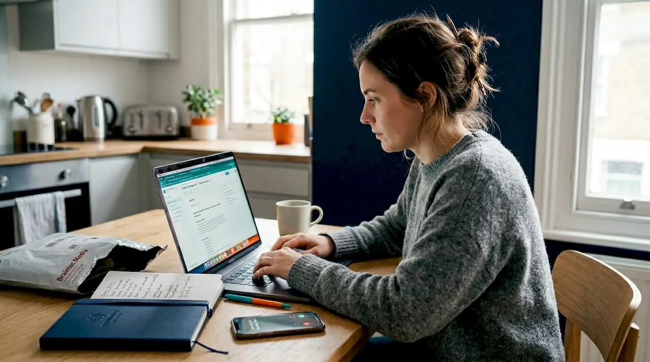 Shop owner working on online store in kitchen