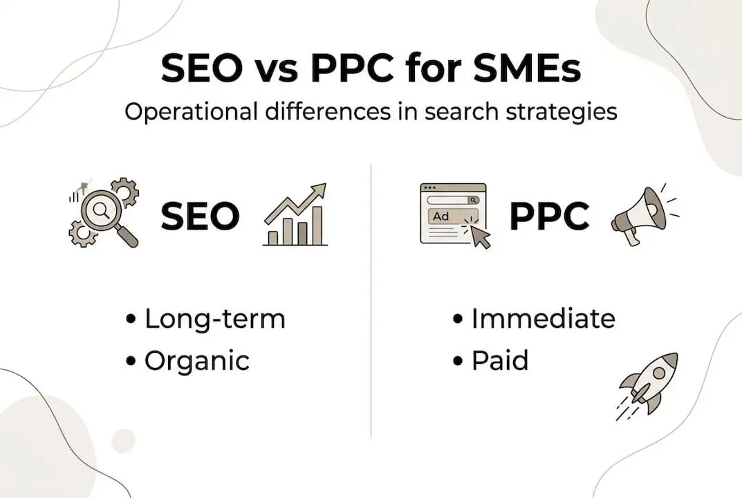 Infographic of SEO versus PPC operational differences
