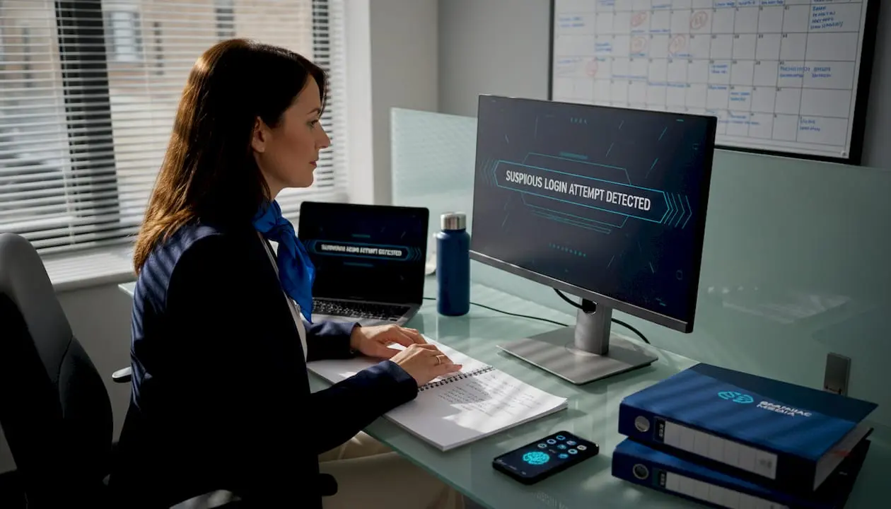 SME owner responds to cybersecurity alert at desk