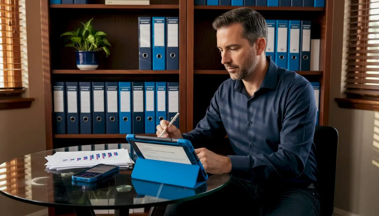 Man reviewing email draft at home office