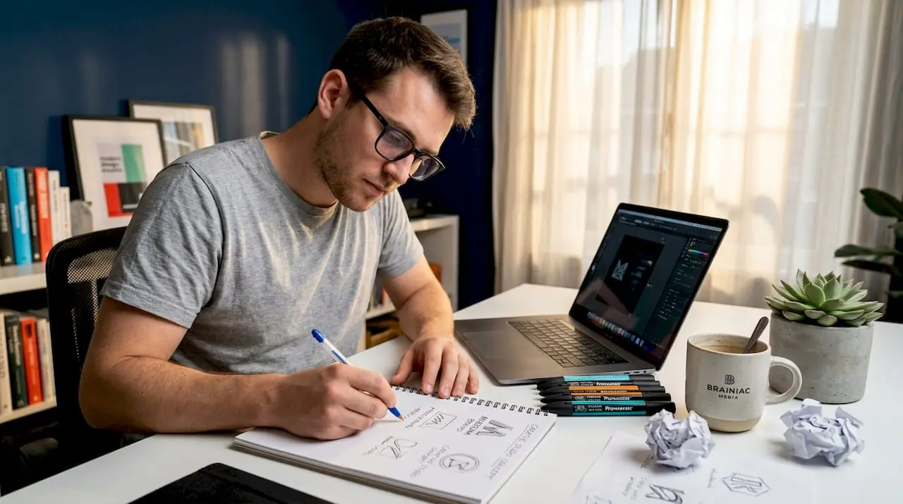 Designer sketching logo ideas at home office