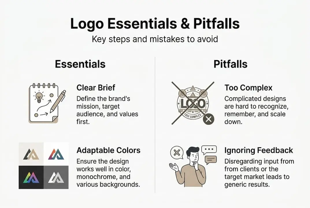 Infographic outlining logo design essentials and common pitfalls
