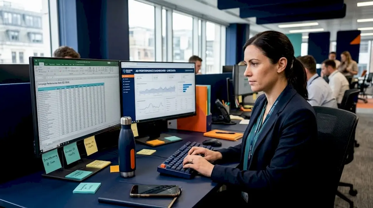 Marketing manager reviews ad dashboard workspace