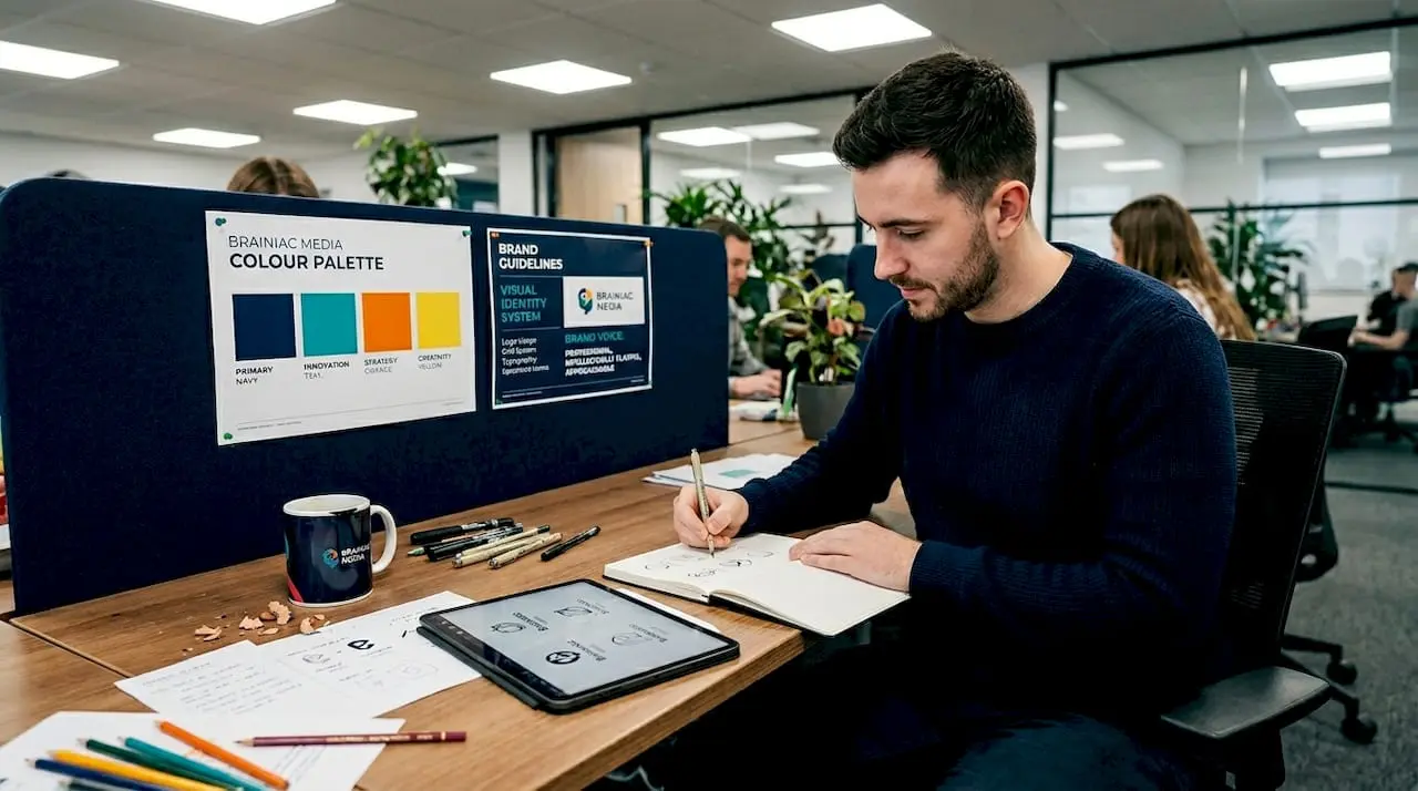 Designer sketching branding setup in shared office