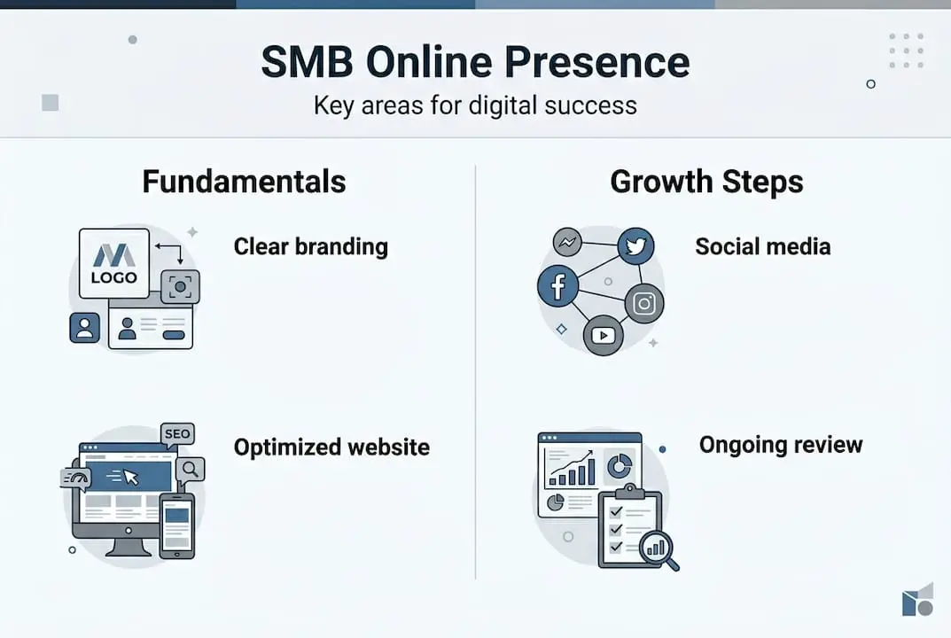 Infographic outlining online presence fundamentals and growth