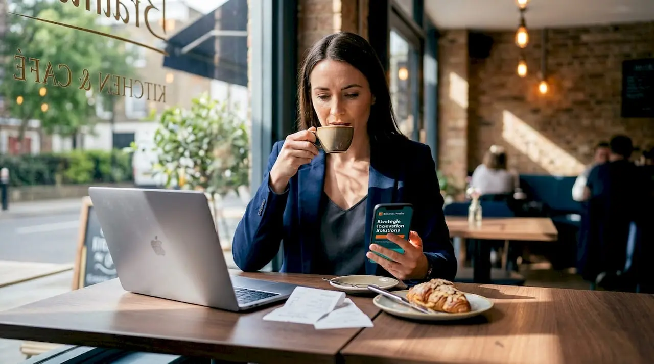 Business owner viewing website on smartphone in cafe