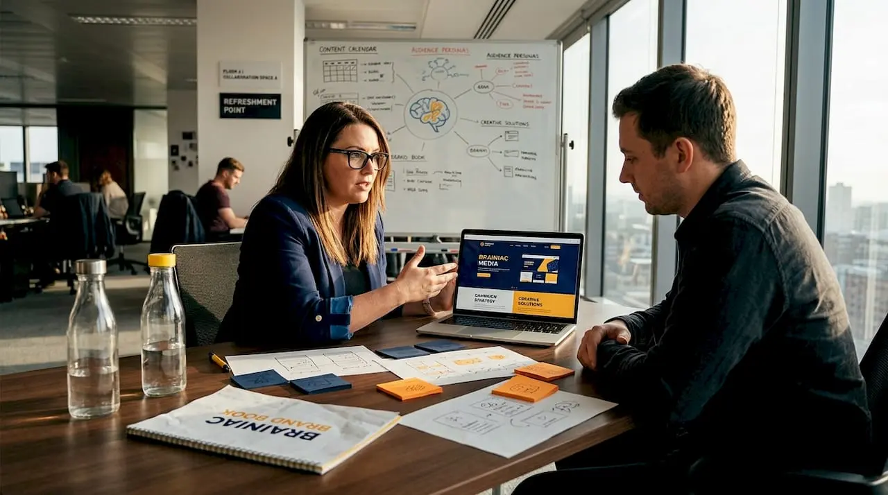 Manager and colleague discussing brand mockups
