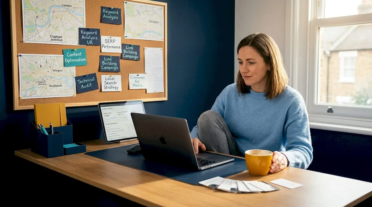 Business owner researching SEO at home desk