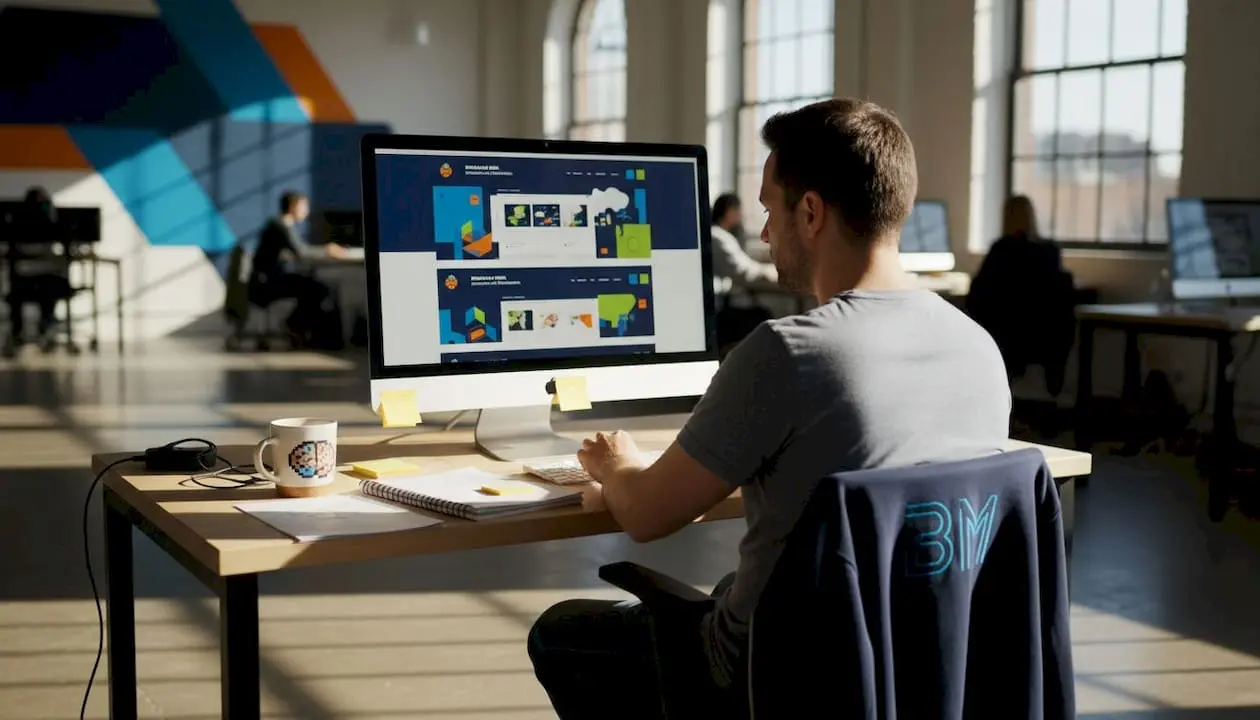 Web developer reviewing website images at desk