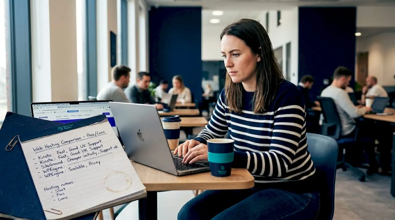 Startup founder reviewing hosting choices at coworking desk