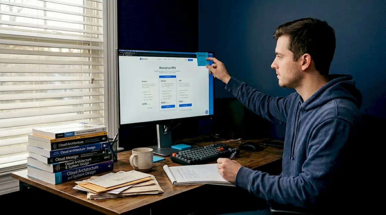 Founder comparing hosting types in home office