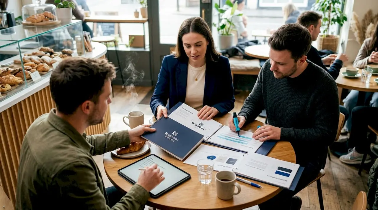Team reviews printed brand guidelines in workspace