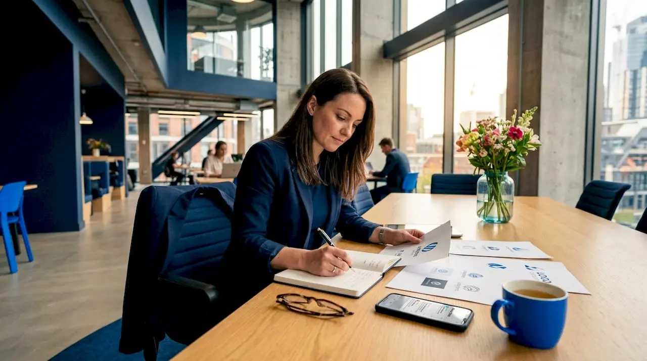 Brand strategist reviews logo drafts in office
