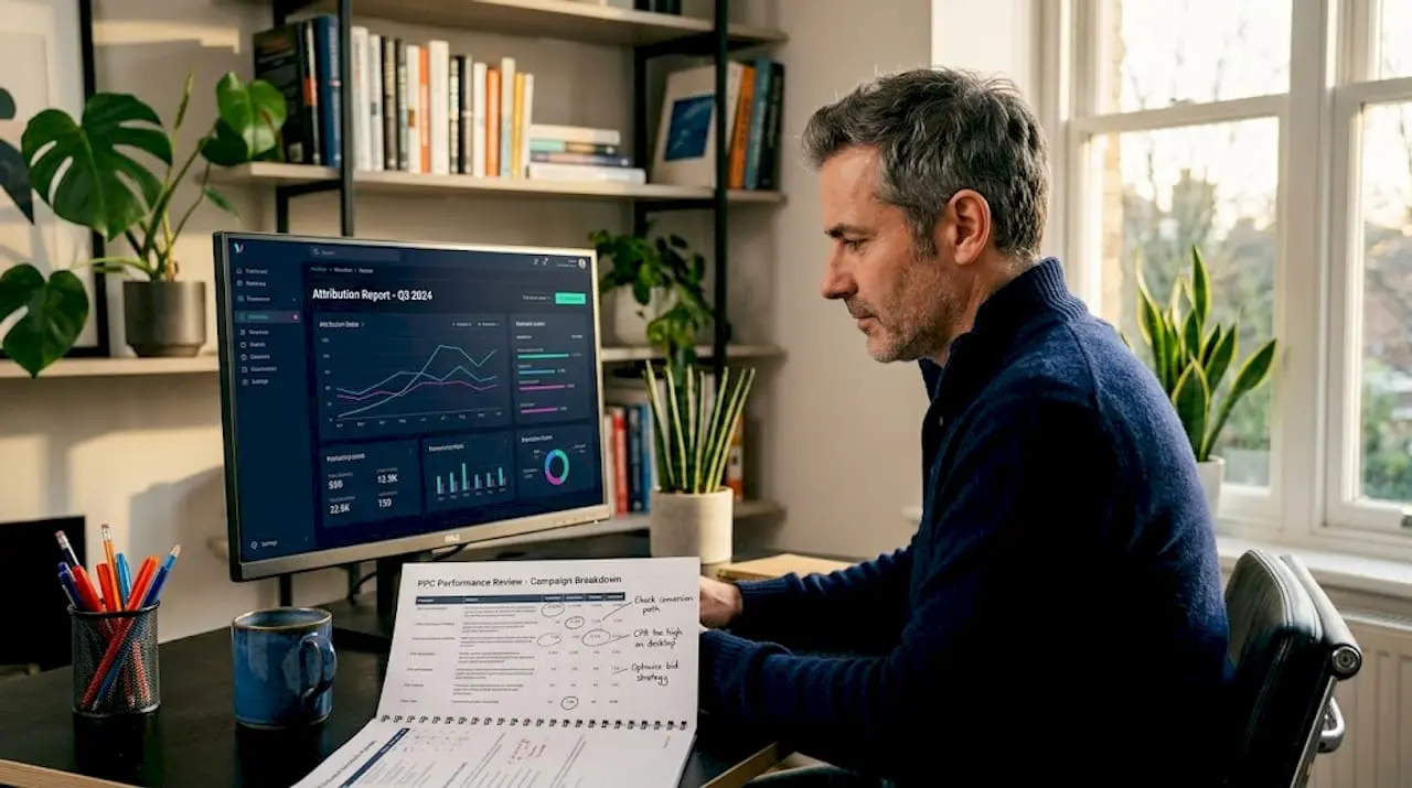 Owner reviewing attribution reports in home office