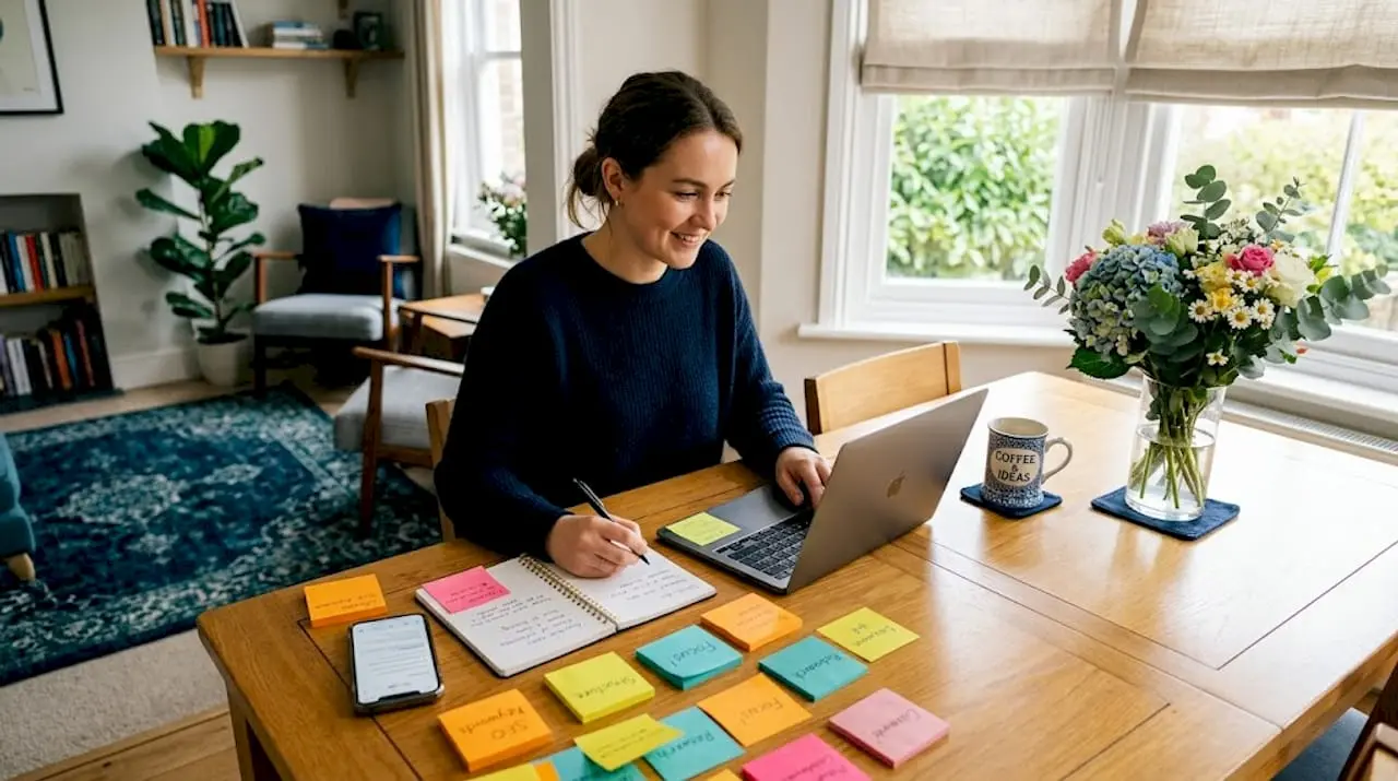 Writer updating blog content in casual setting