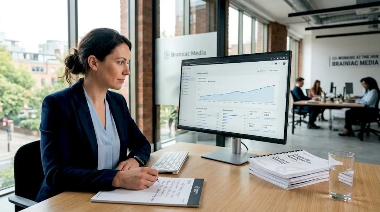 Manager analyzing website traffic at office desk
