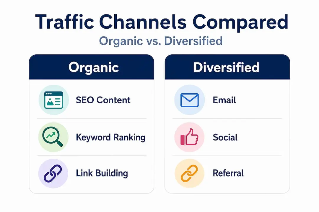 Infographic comparing organic and diversified website traffic channels