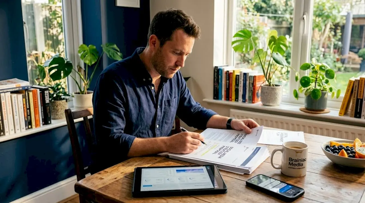 Business owner reviews agency proposals at home