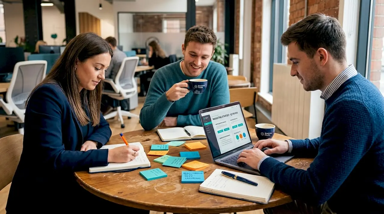 Team reviews agency models in café setting
