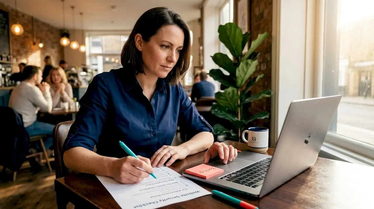 Manager checking website security checklist at desk